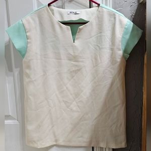 White top. Mint sleeves and half back.